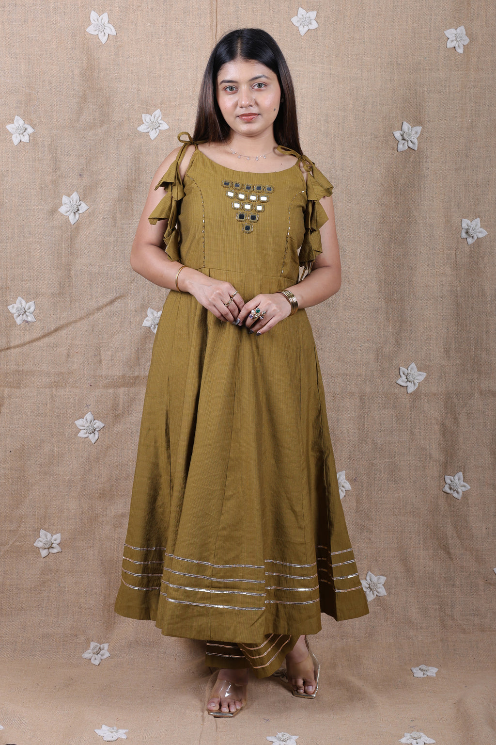 Olive Mirrorwork Anarkali