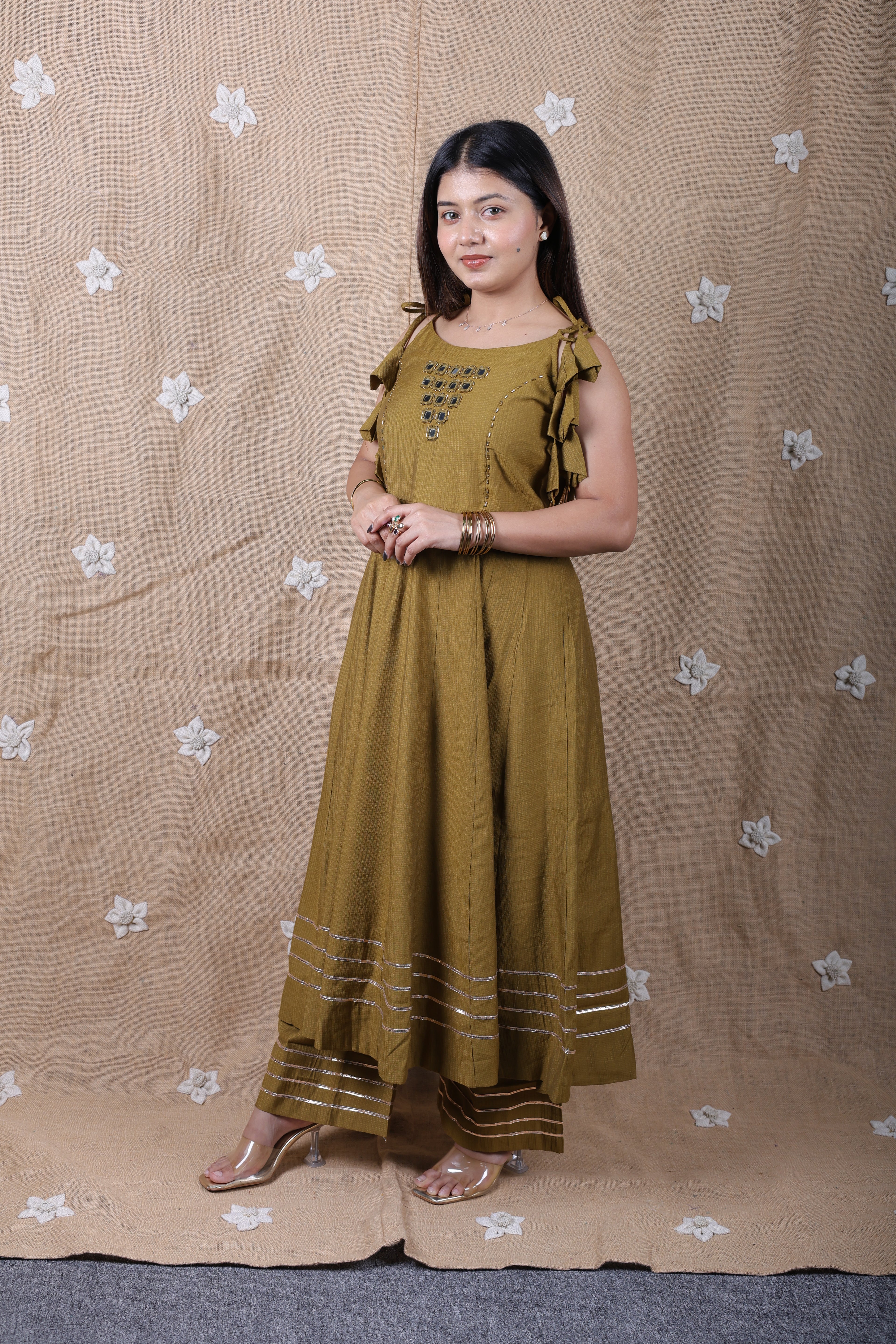 Olive Mirrorwork Anarkali