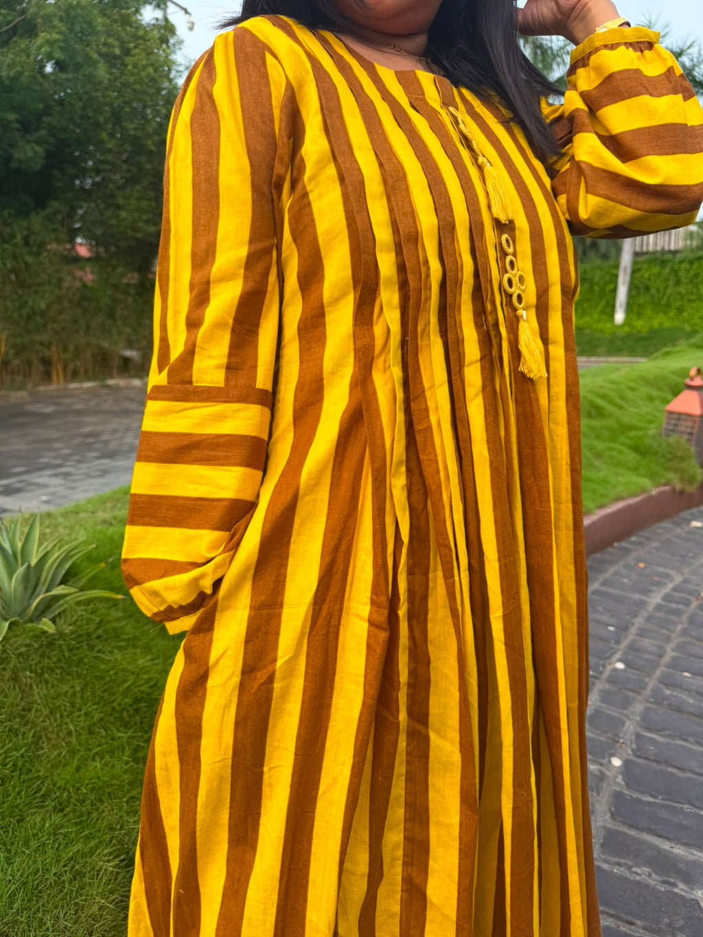 Mustard Mocha Stripe Tassel Cotton Dress