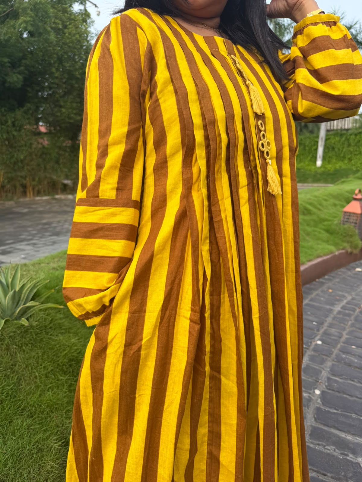 Mustard Mocha Stripe Tassel Cotton Dress