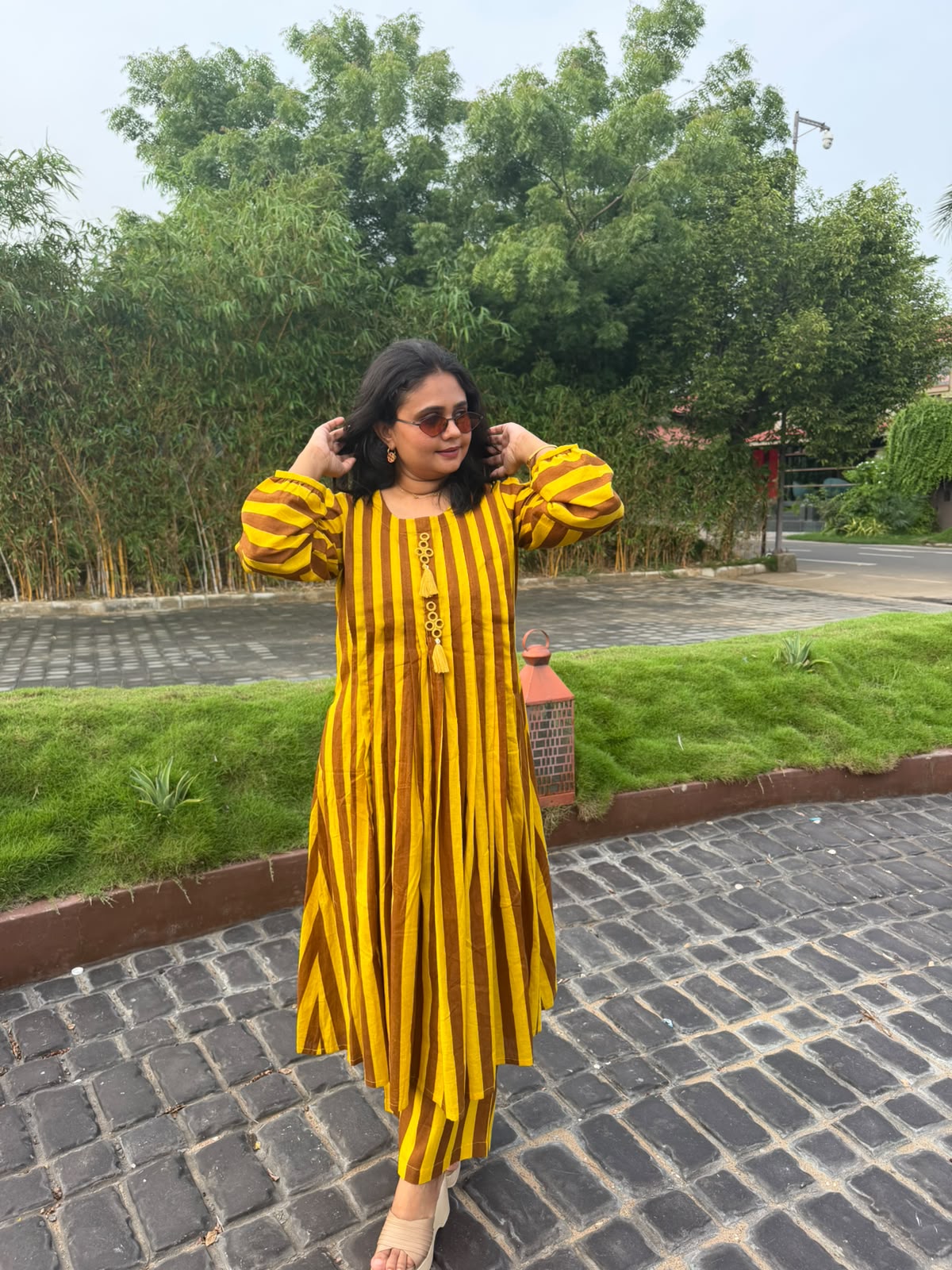 Mustard Mocha Stripe Tassel Cotton Dress